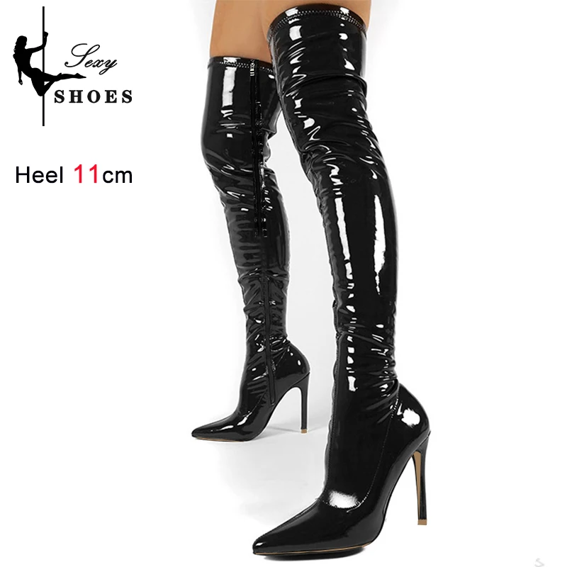 Autumn Over-the-Knee Stretch Boots Patent Leather Pointed Toe Zipper 11cm Thigh High Boots Sexy Shoes for Women Stripper Shoes