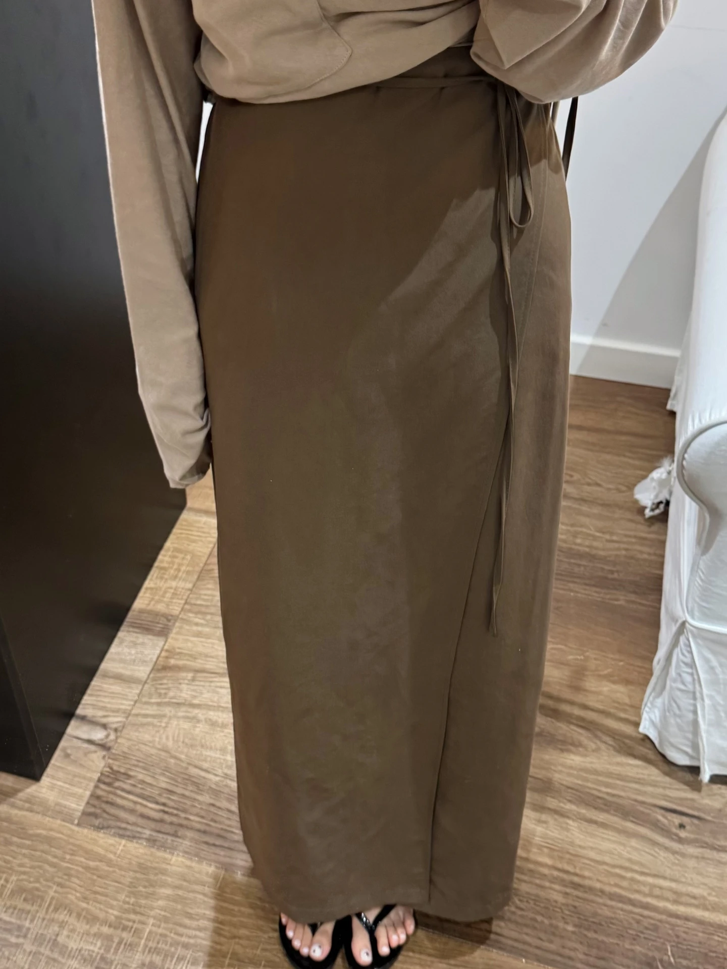 

Chic Autumnal Khaki Belted Midi Skirt Pure Color Wrap Sle Casual Busin Ci Commute Formal Cotton Blend H-ape Straight...