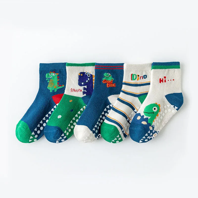 5 Paar rutschfeste Jungensocken mit niedlichem Dinosaurier-Cartoon-Muster, bequem, atmungsaktiv, für Kinder und Babys, Bodensocken für Frühling und Sommer – Detail 7