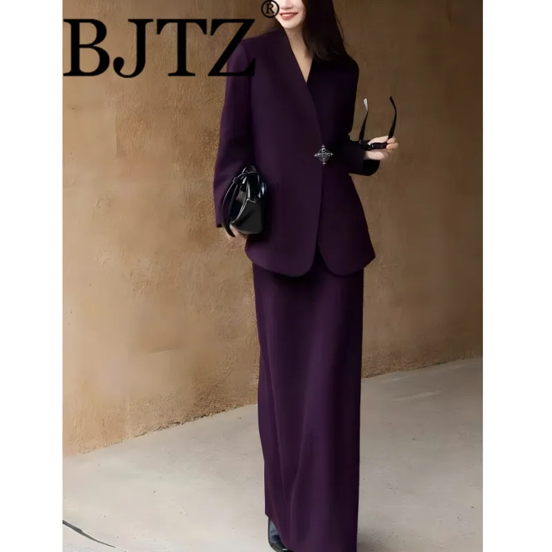 

BJTZ 2026 Thermal Grape Purple Suit Set Metal Blazer Tapered Waist Fleece Lined Wide Pants Office Winter Commute 2