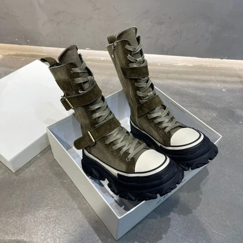 Trendy Punk Women Boots Mid-calf Ladies Boots Patchwork Woman Designer Shoes Buckle Strap Decoration Motorcycle Boot Botte Femme