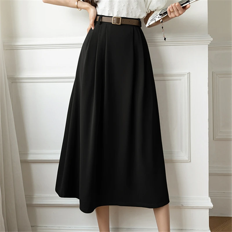 Seoulish Retro High Waist Solid Color Women's Suit Skirts 2024 New Office Lady A-Line Mid Length Casual Skirts Female Spring