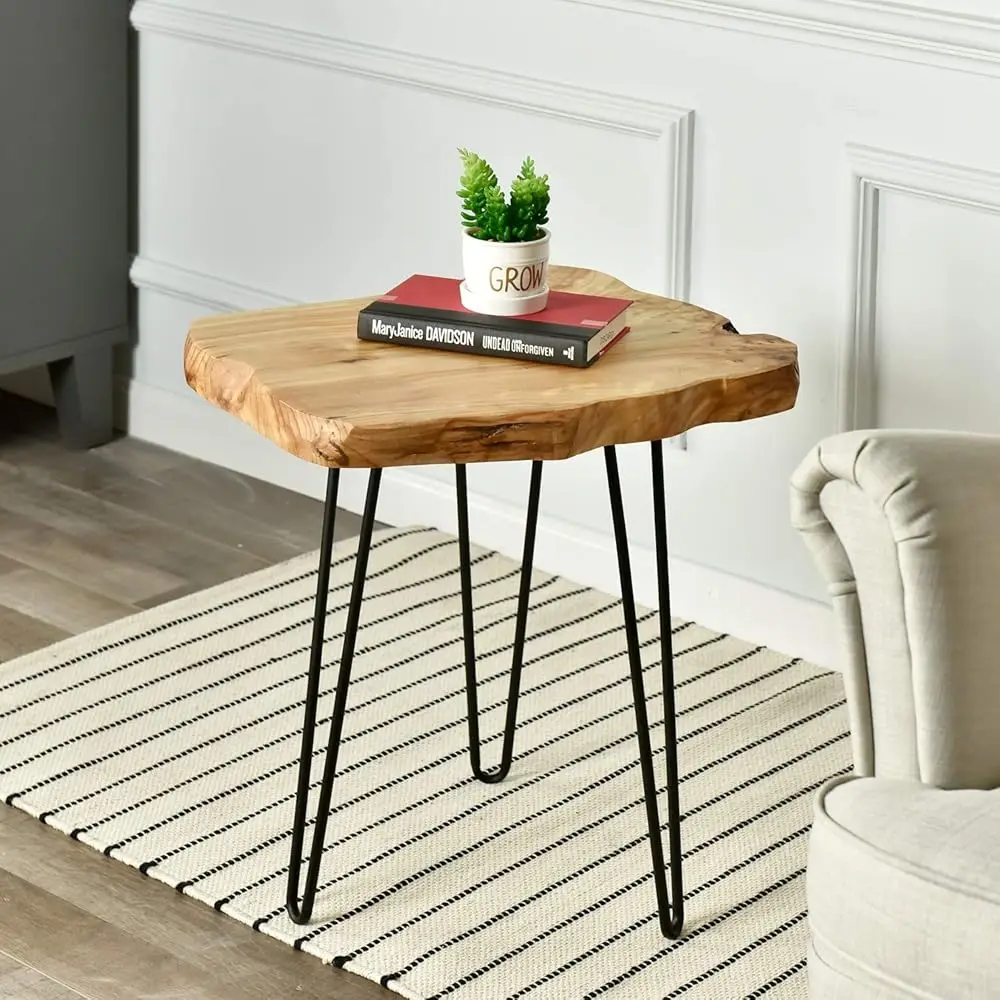

Live Edge Side Table With Hairpin Legs, Natural Edge Side Table, Small Nightstand Wood, 15.5"" Tall