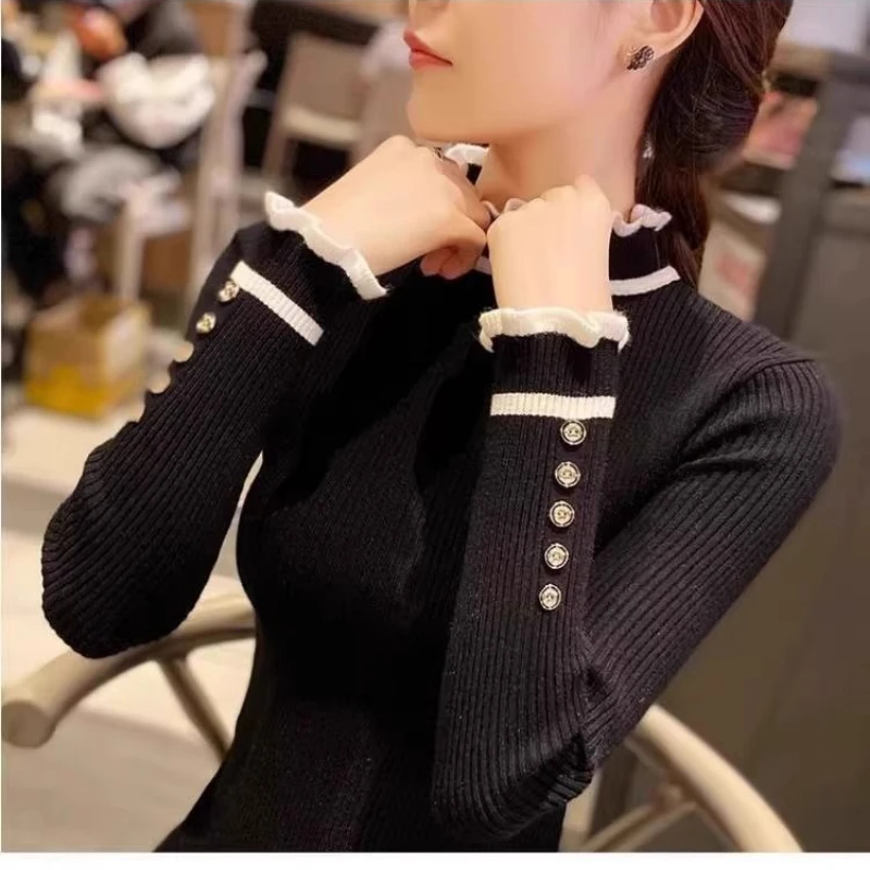 Screw Thread Contrast Color Half High Collar Button Long Sleeve Pullover Sweater Knitted Women\'s Clothing Autumn Winter Tops