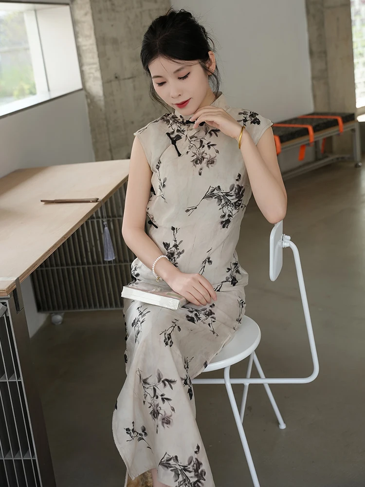 

Шелковое платье Mehua Linglong: Новинка лета, белое, приталенное, в винтажном стиле, с художественным оттенком, вдохновленное национальной живописью