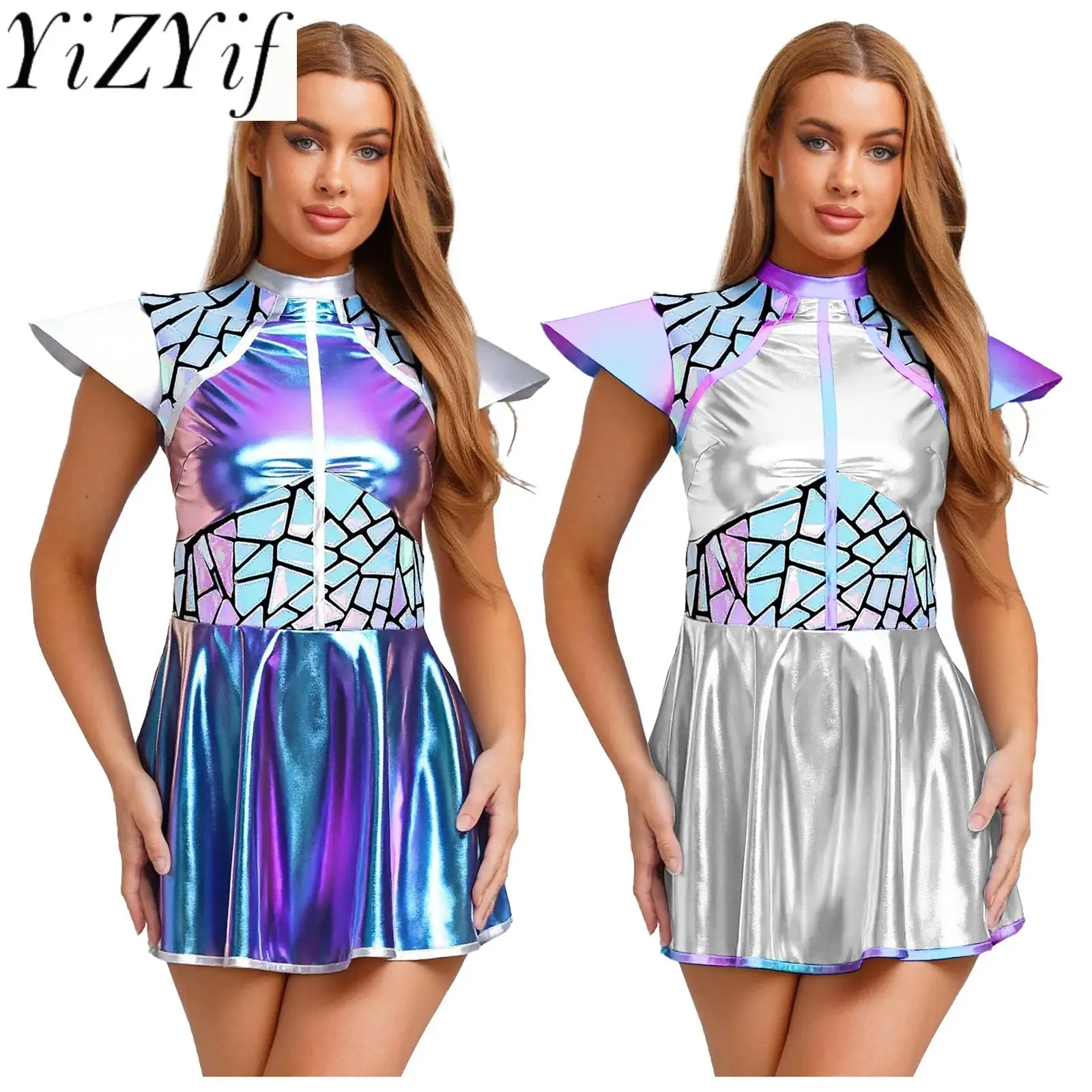 

Women Metallic Alien Astronaut Cosplay A-line Dress Metallic Patchwork Fly Sleeve A-line Mini Dress for Space Themed Party Wear