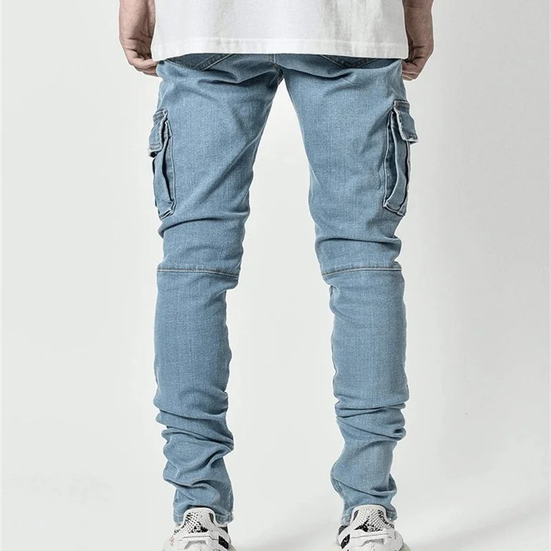 Cool Mid Waist Four-season Jeans Men Fashion Scratch Pencil Pants Casual Streetwear Menswear Splicing Pocket Slim Fit Trousers
