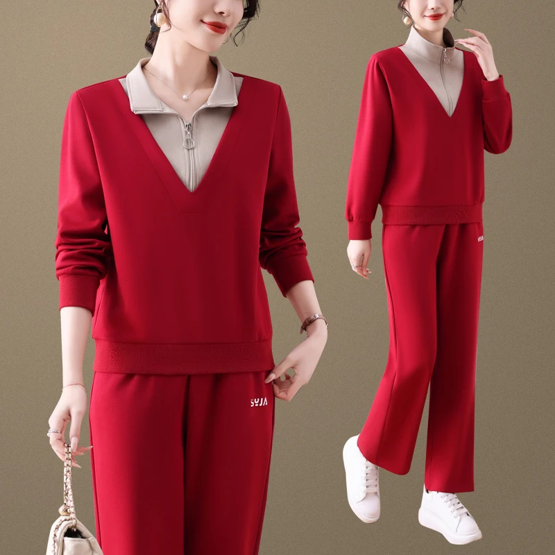 

Повседневный спортивный костюм-двойка для женщин 40+ лет, весенний модный комплект из полиэстера, хлопка и спандекса