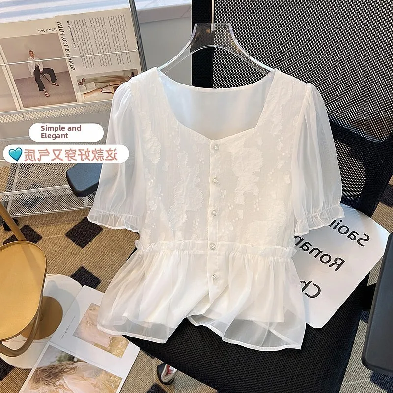 

Women's Short Sleeve Chiffon Shirt Slim Fit Summer Fashion Top Korean Style Commute Regular Length Fabric Material Other