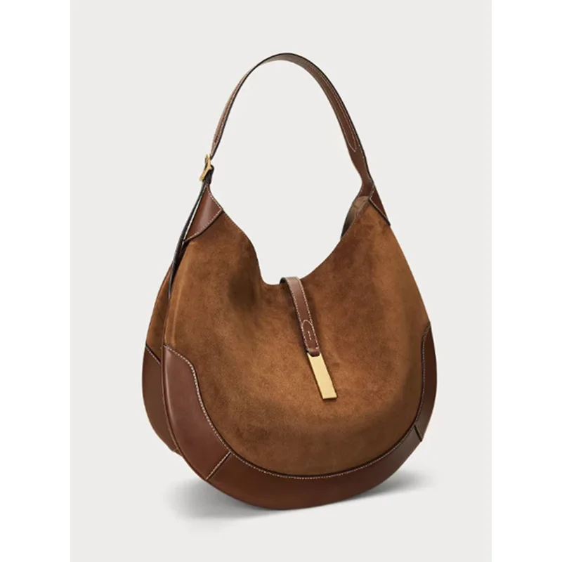 

Retro Large Capacity Tot Bag Suede Underarm Crescent Moon Shape Casual Simple Style Cross-Border Handbag for Ladies