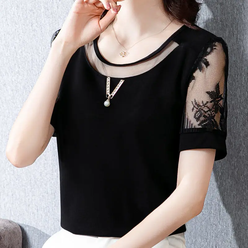 

Lace Bottoming Shirt Summer New Women's Blouse Top Ladies Short Chiffon Short Sleeve T-shirt