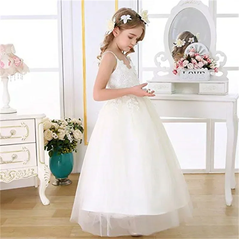 Vintage Lace Flower Girl Dress Tassel Thin Shoulder Straps Princess Pageant Kid Girl Wedding Birthday Party First Communion Gown