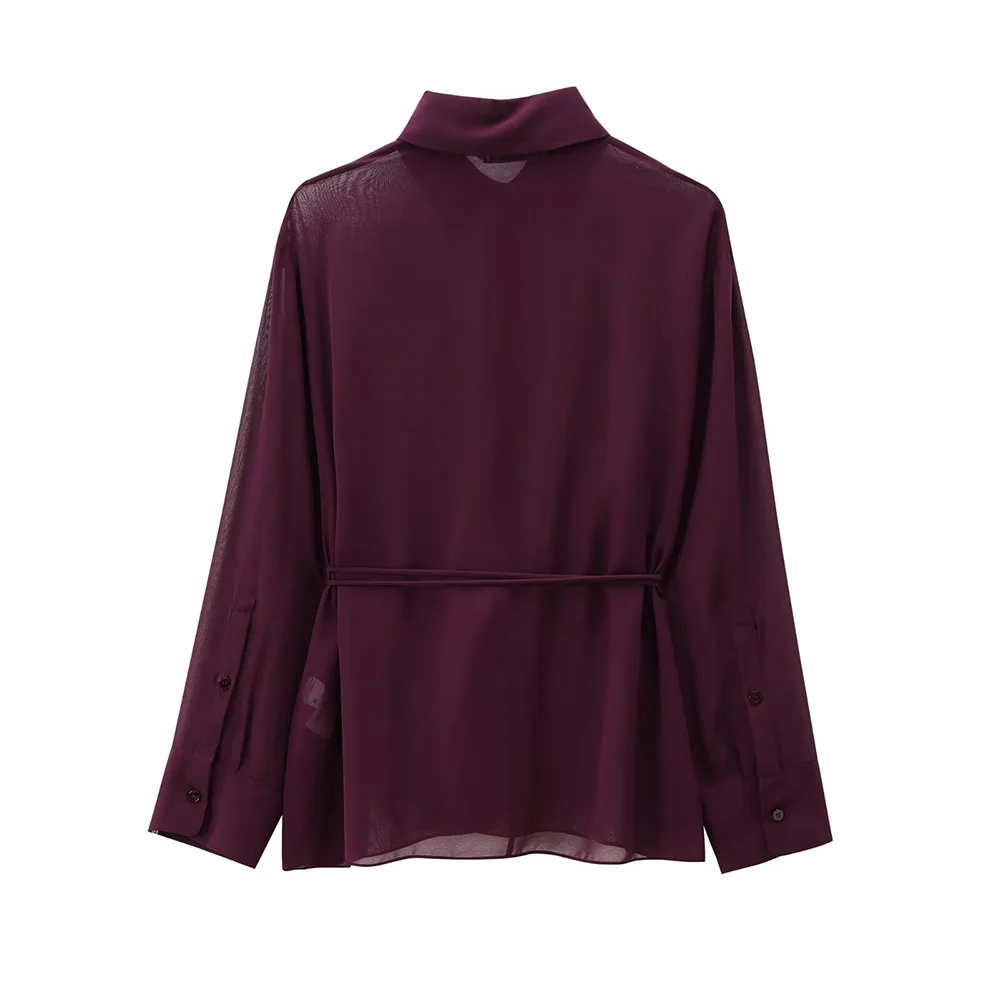 INS Fashion Mature Wine Red Polo Collar Long Sleeves Single Breasted Bow Lace Up Women Loose Chiffon Solid Shirt ZATAF 2024 New