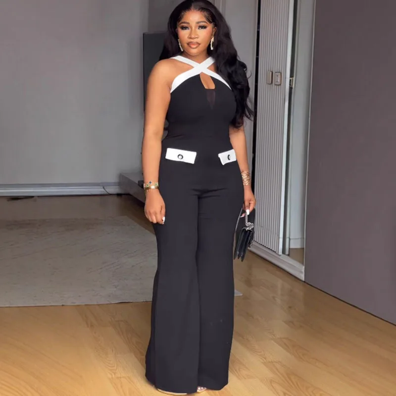 Doyerl macacão de uma peça mulher elegante bolsos retalhos cinta cruzada sem mangas perna larga macacão festa clube