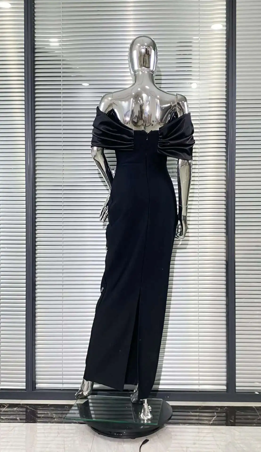 LEOSOXS ブラック オフショルダー ドレス リボン サテン ガウン ラインストーン フロアレングス フォーマル パーティー ウェア スタイリッシュ エレガント シック イブニング アタイア