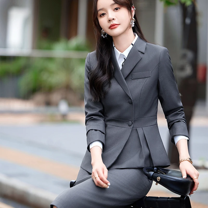 NAVIU Women Skirt Suit Gray Navy Blue Black Solid Office Ladies Female Business Work Wear 2 Piece Set Formal Blazer Jacket Skirt