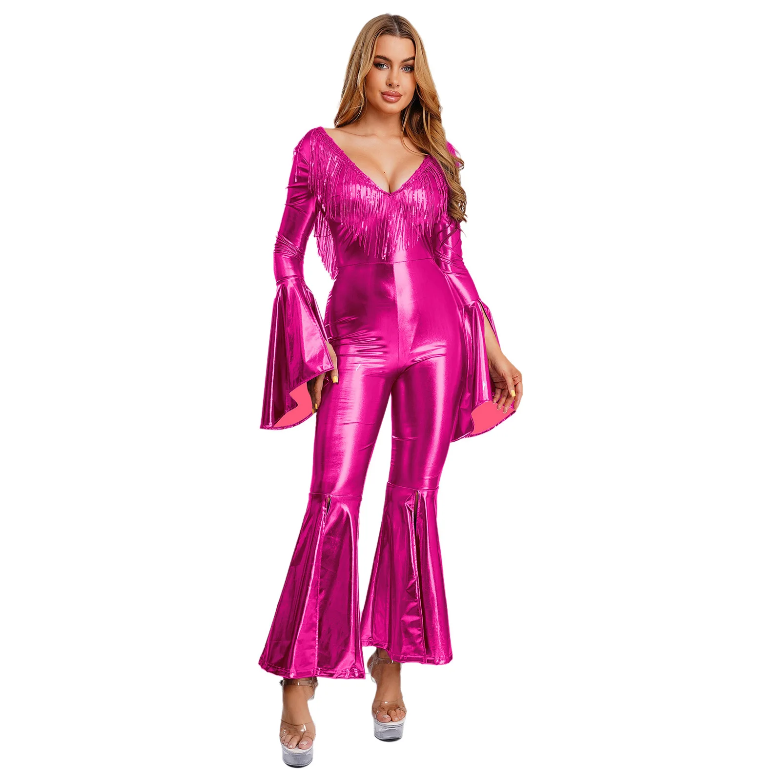 Peleles de una pieza para mujer, Jazz, Tap, discoteca, Club de baile, mono brillante con espalda descubierta y borlas para monos de baile Disco de Tango