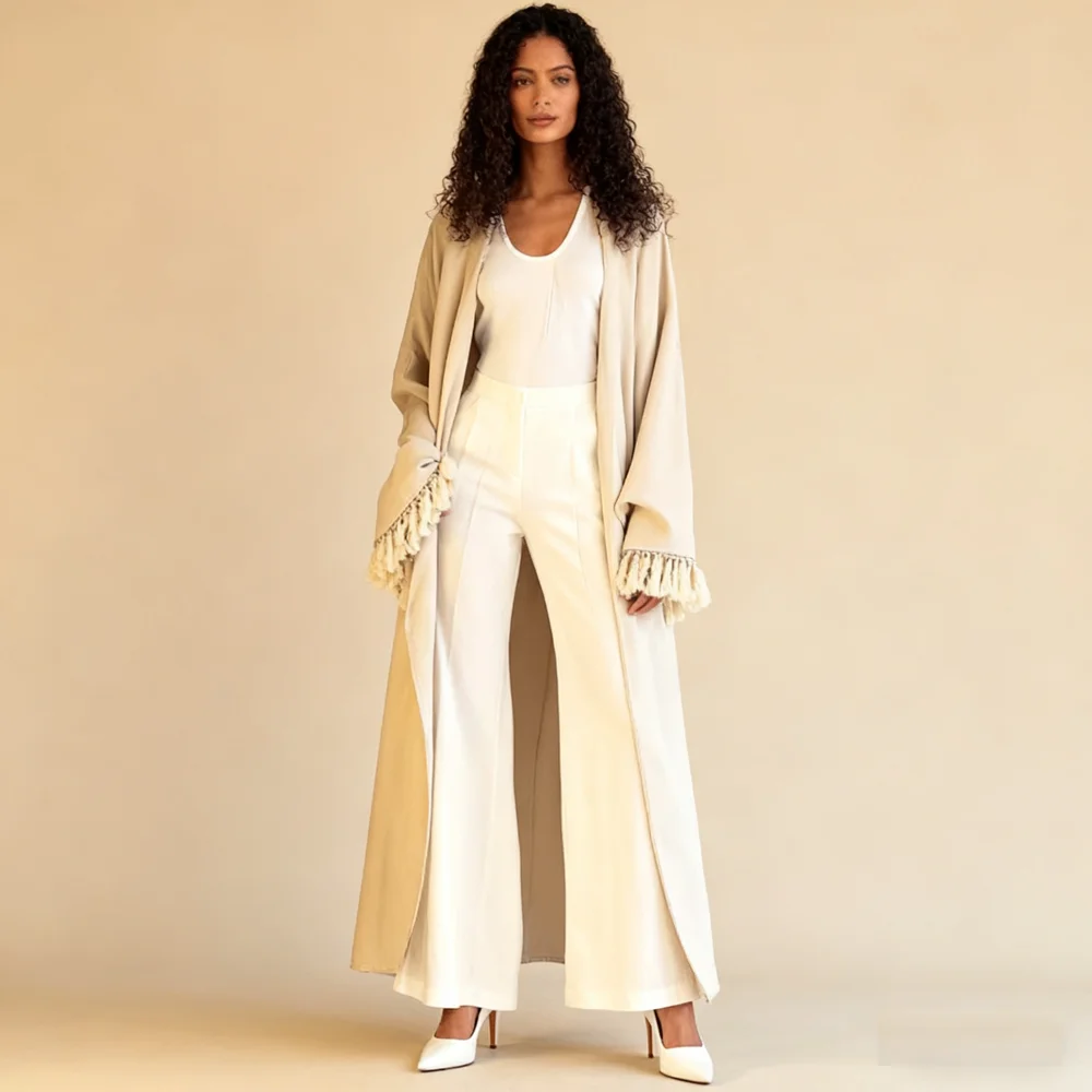 

Дубай Abbayas для женщин мусульманское платье однотонное открытое абайи кимоно с бахромой кардиган Marocain Femme халат Дубай Abayo исламская одежда