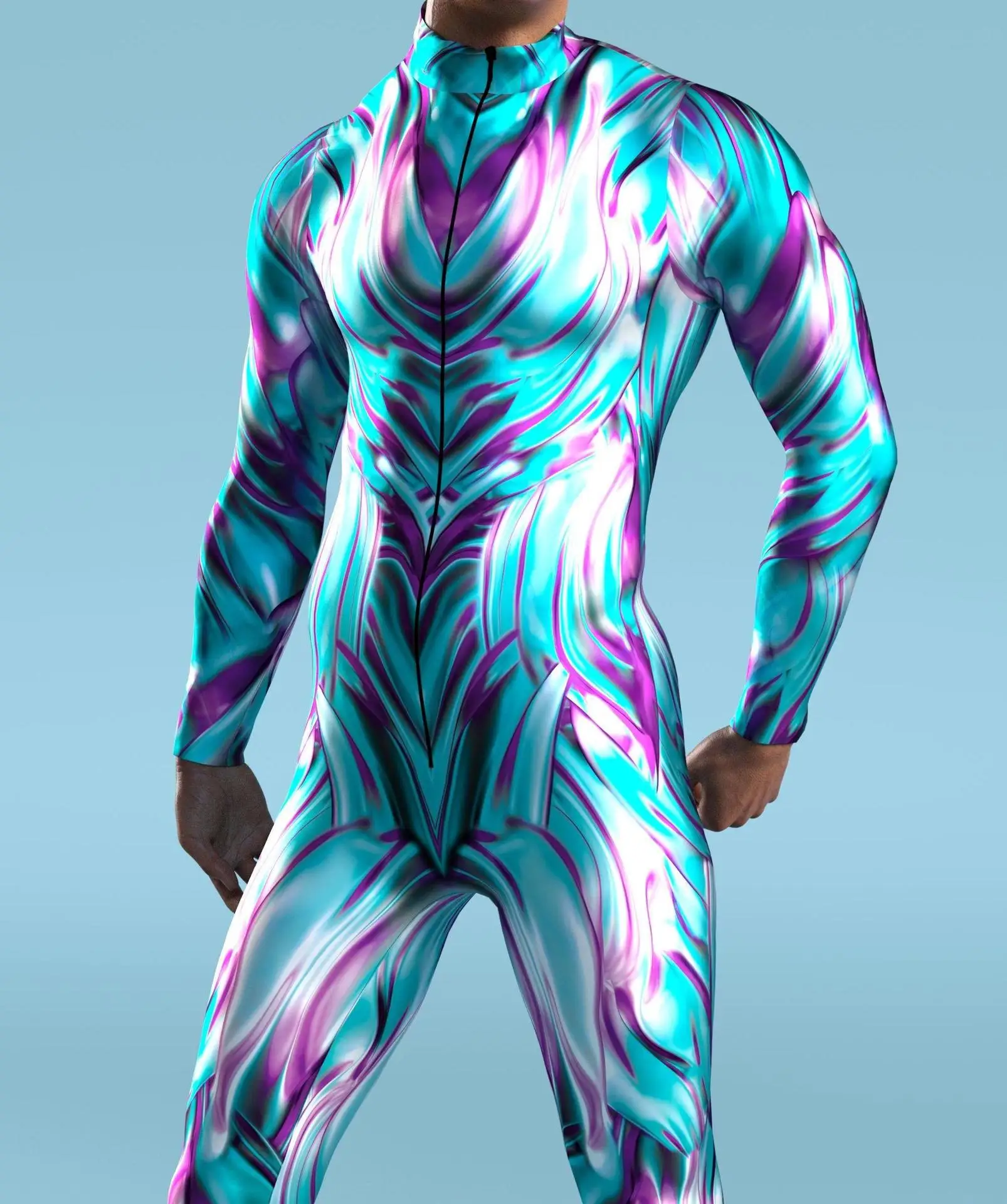 Mehrfarbiger Digitaldruck-Jumpsuit für Damen, Cosplay, Halloween, Karneval, Kostümparty, Performance, Reißverschluss, elastischer, schmaler Bodysuit – Detail 3