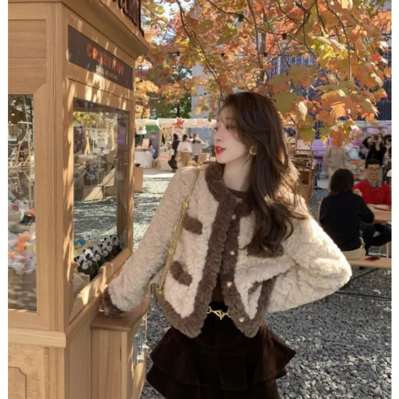 New Short Faux Lambskin Coat Women Autumn Winter Retro Loose Cotton-padded Plush Top Fashionable Simple Warm Women's Clothing