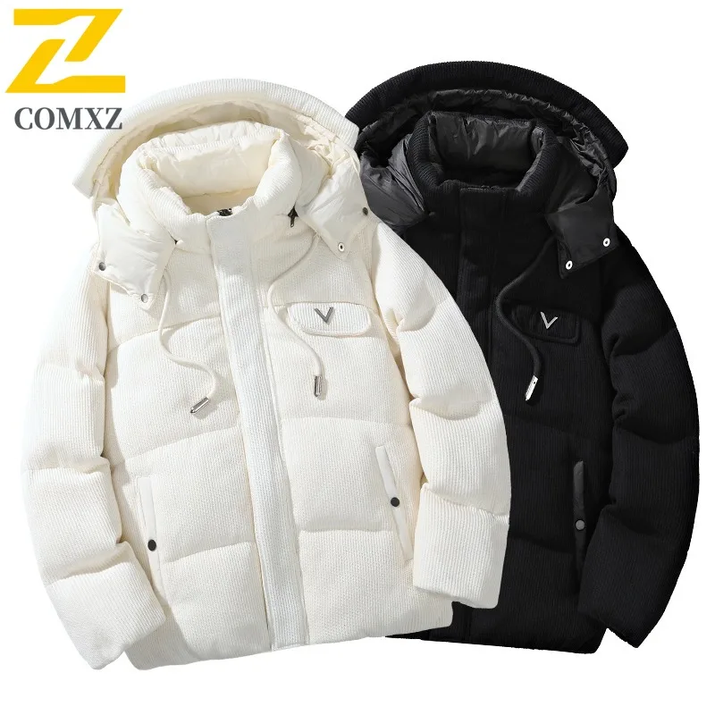 

COMXZ Mens Hood Puffer Jacket American style Snow Thicken Warm Down Coat 90 Percent White Duck Down Windproof Autumn Windbreaker