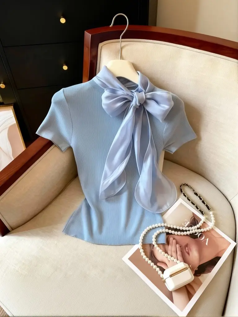 Gestricktes Sommer-Kurzarmshirt für Damen, elegantes Luxus-T-Shirt mit Schleife, koreanisches süßes Arbeitsshirt, schlichtes Basic-Shirt, schmal geschnittener Pullover