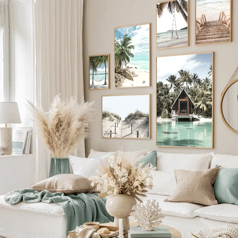 1pc frameless Tropical Beach Ocean Palm Tree Banana Leaves Canvas Poster Holiday Chalet Stairs Print Picture Summer Seascape Hou
