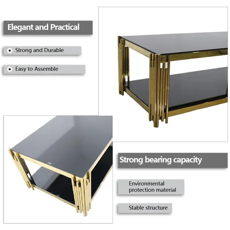 

-Stainless Steel Golden Base Black Glass Top Modern Rectangular Coffee Table