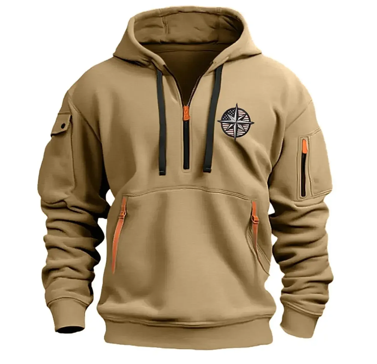 

2024 New cotton off-the-shoulder hooded sweatshirt for men and women, loose pullover, fashionable multi-pocket sweatshirt