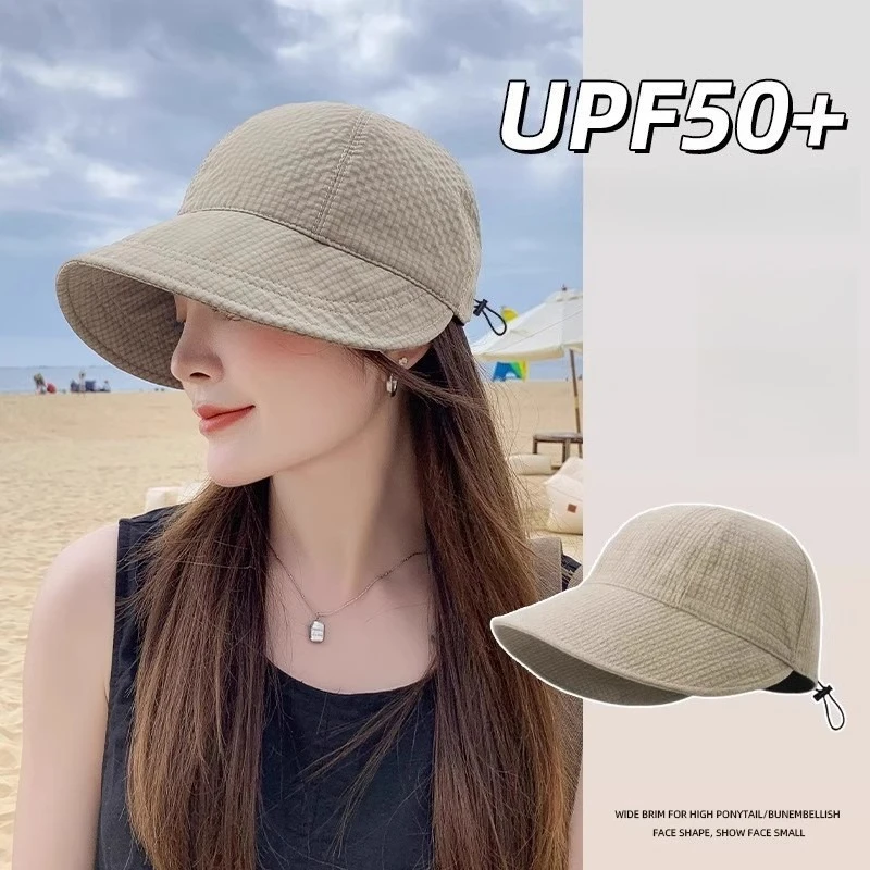 Foldable Wide Brim Bucket Hat for Women with Ponytail Opening Adjustable Summer Beach Travel Sun Protective Outdoor Headwear