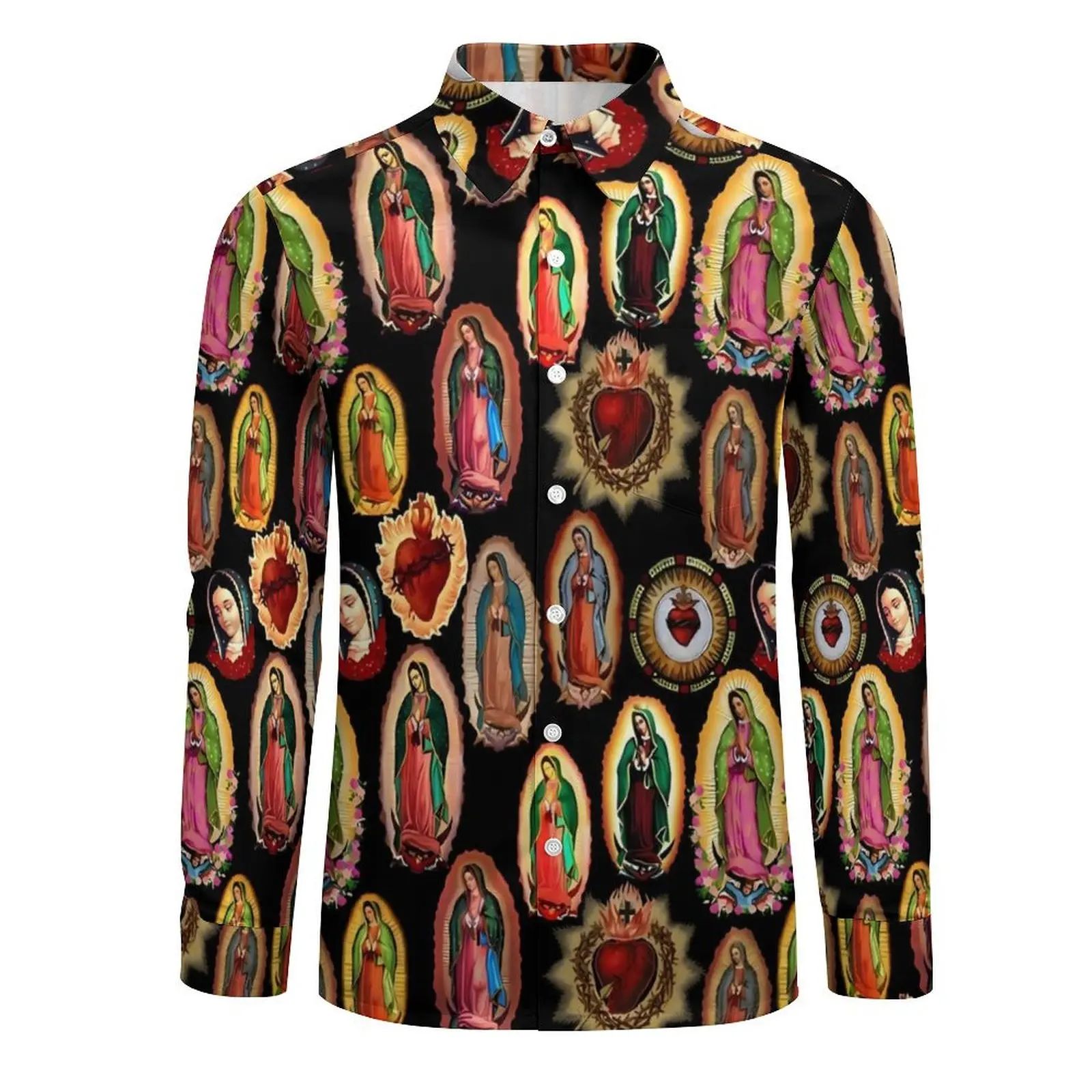 Virgin Mary Casual Shirt Male Our Lady of Guadalupe Streetwear Shirt Autumn Trendy Blouses Long Sleeve Design Oversize Top