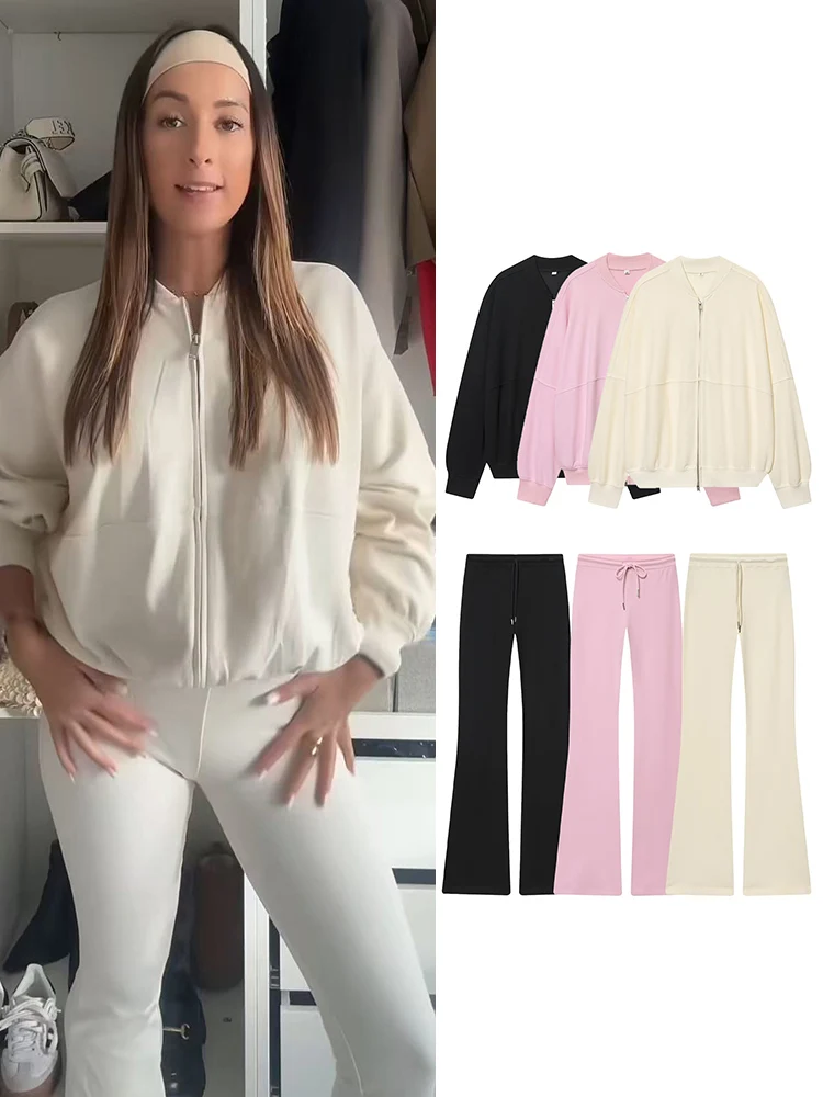 TFMLN سروال نسائي غير رسمي مكون من قطعتين بلون سادة وأكمام طويلة وسحاب علوي وسراويل مضيئة برباط ملابس خروج نسائية