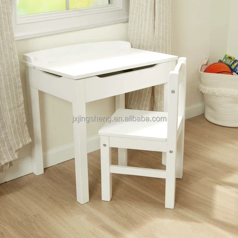 Wooden Desk Simple Children Study Table with Chair Set White Painted Eco-friendly Kids Furniture Set