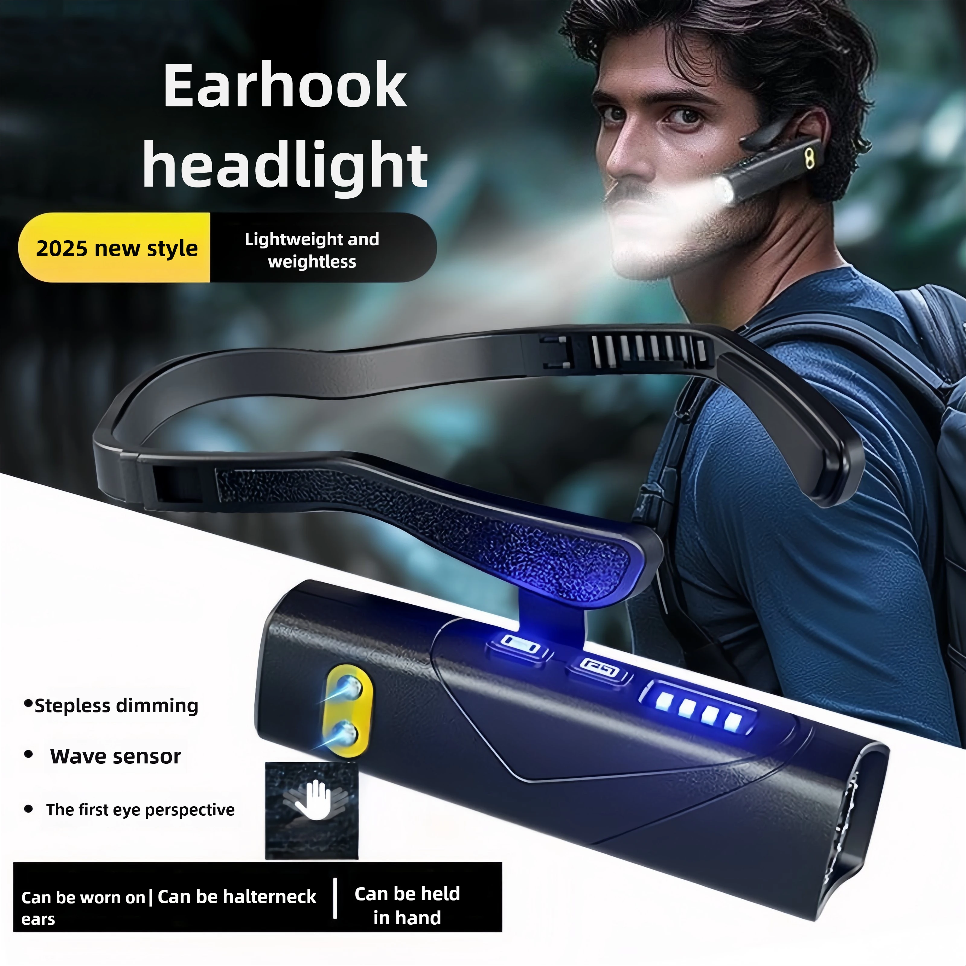 T202S Induction LED Headlamp  Ear Hook Lightweight Waterproof Hands-Free Flashlight for Fishing Cycling Running Camping Hiking