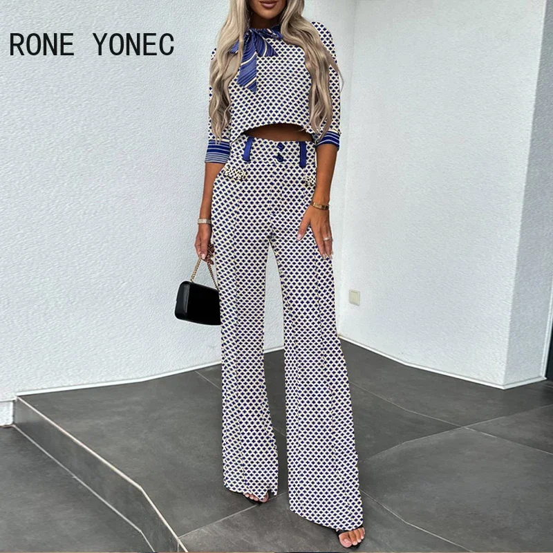 Conjuntos de pantalones de trabajo formales rectos para mujer, Top y pantalones de cuello de bufanda de media manga, moda