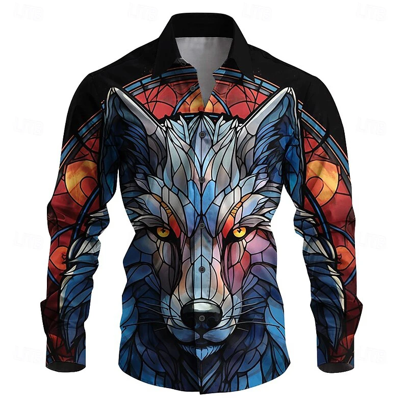 

Fashion men casual stylish lapel button down shirt 3D HD print wolf totem blue purple red series of men's tops plus size