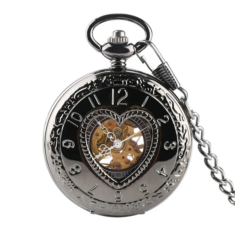 Antique Heart Shape Arabic Number Case Unisex Handwinding Mechanical Pocket Watch Steampunk Pendant Chain Clock Gift