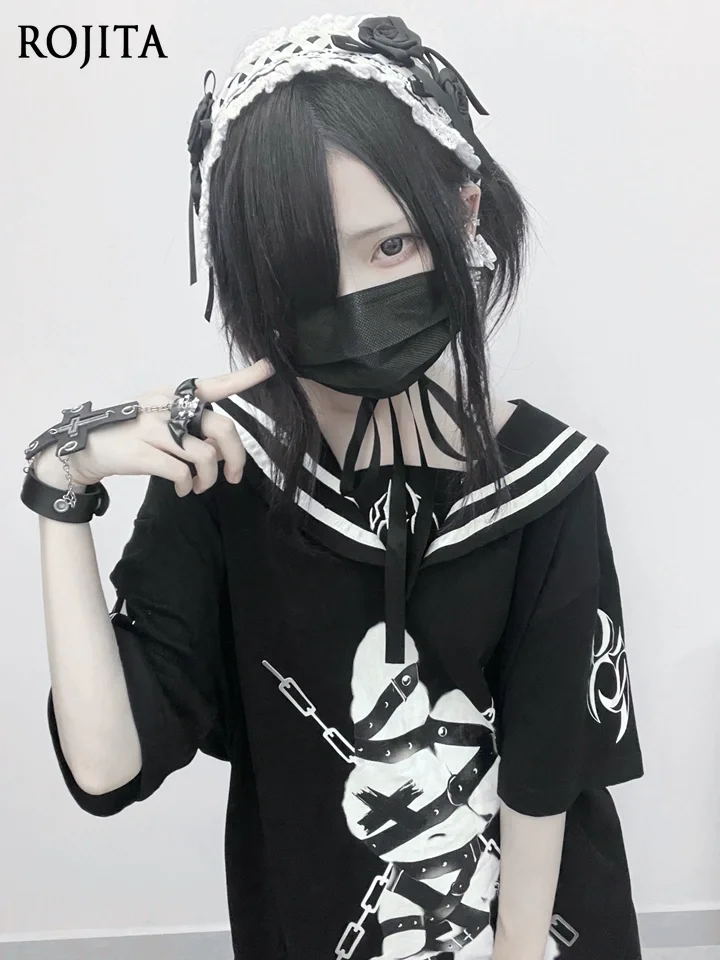 

Cartoon Print Black and White Two-tone Sailor Suit Subculture Cartoon Print Loose Gothic Dark Japanese Short Sleeve T-shirt