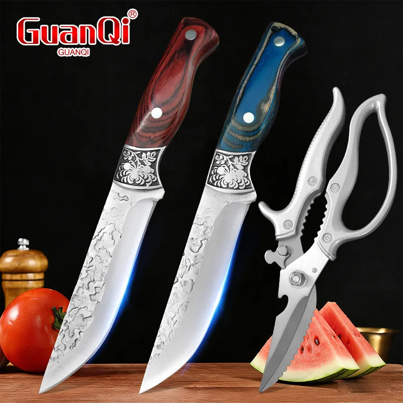 Sharp Forged Kitchen Boning Knives Chicken Bone Scissors Set Hammer Pattern Blade Meat Cleaver Ergonomic Wood Handle Cutlery
