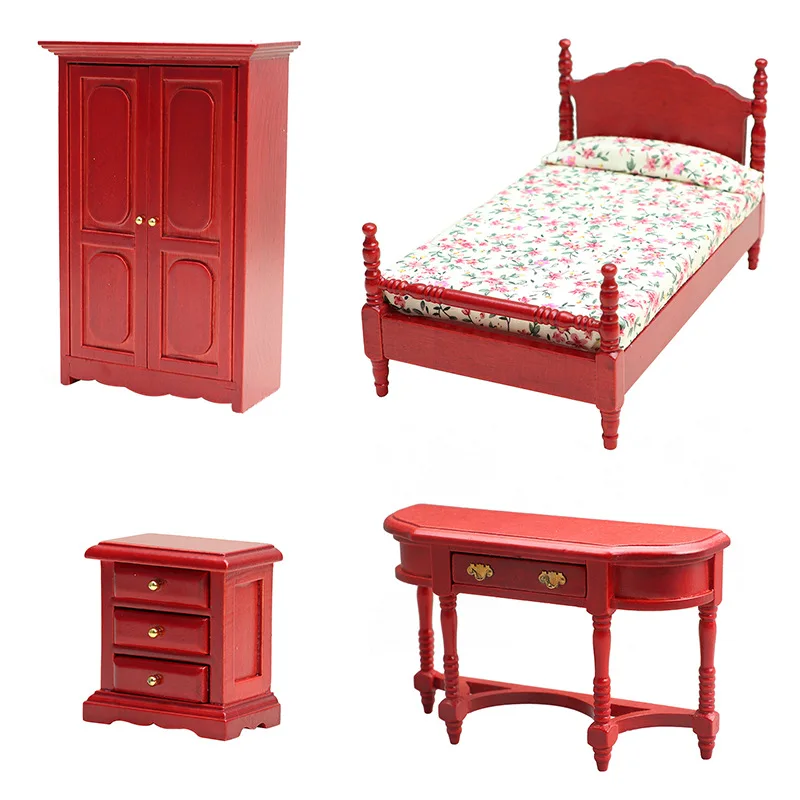 

4pcs Bedroom Sets cabinet bed table mini furniture Mini furniture miniature scene decorations dollhouse toy