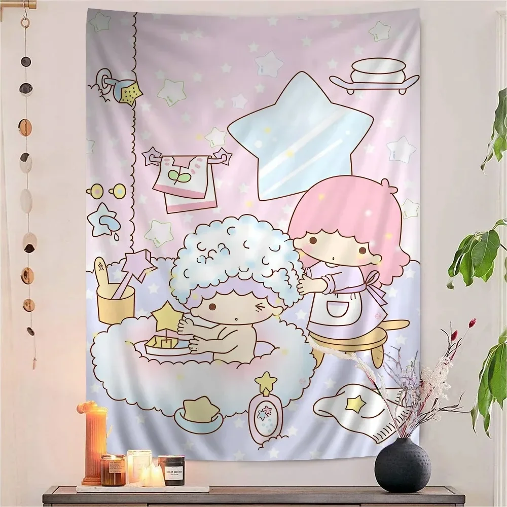 Sanrio Gemini Twin Stars Bunter Wandteppich, Wandbehang, Hippie-Blumen-Wandteppiche, Wohnheim-Dekoration, Wanddekoration, Kawaii-Raumdekoration