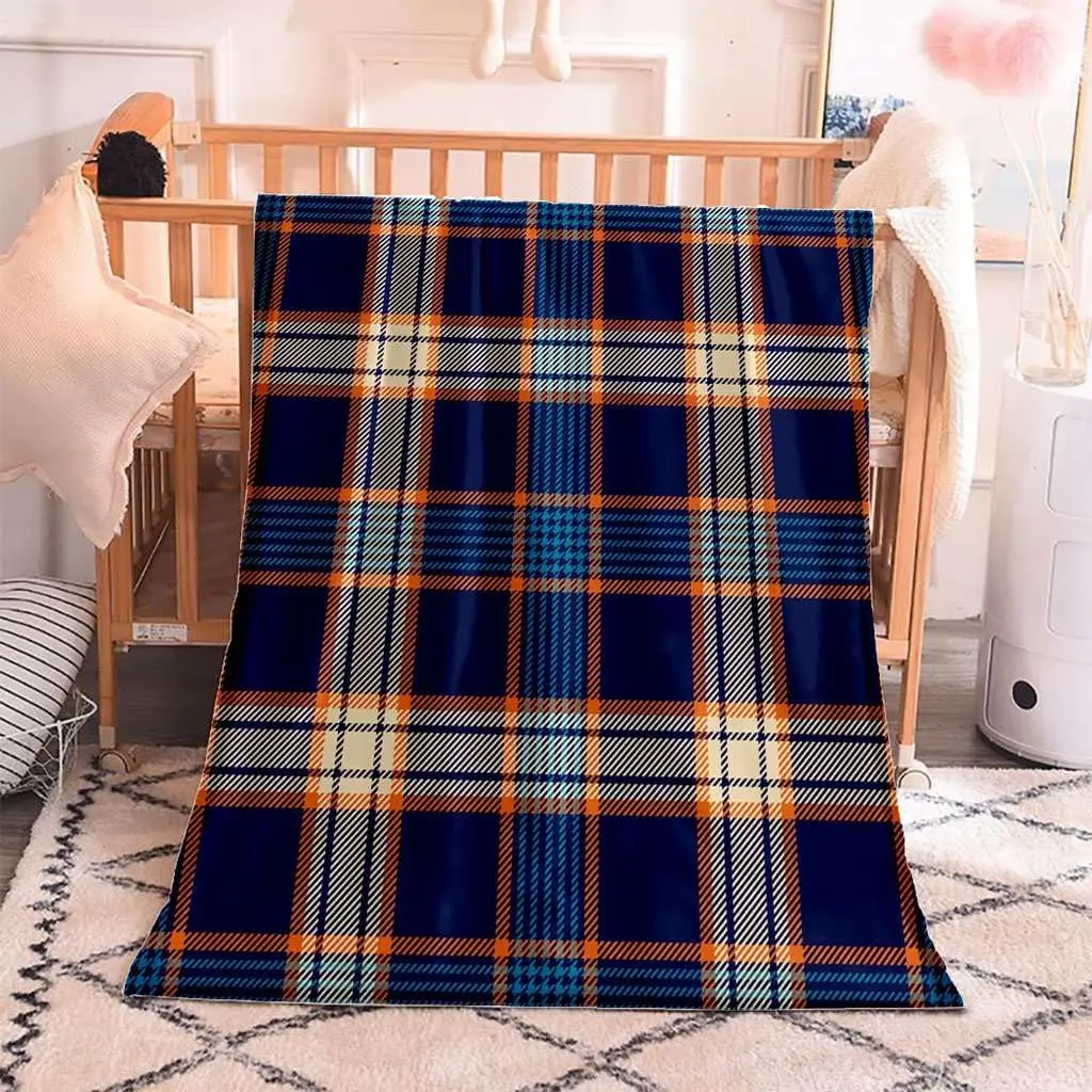 Navy Blue Orange White Classic Scottish Tartan Plaid Retro Print Warm Blanket For Bedroom Sofa Camping Home Leisure House Use