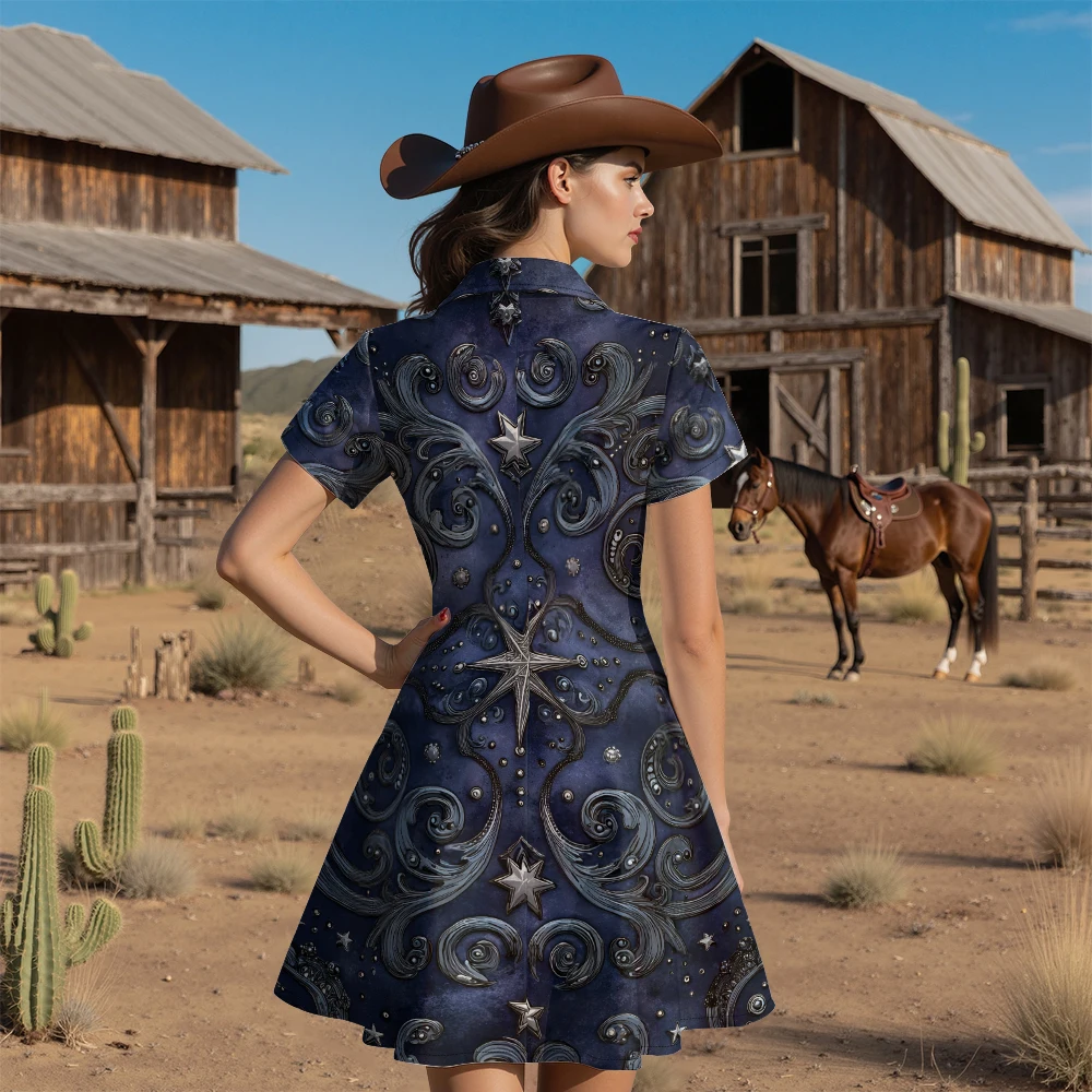 Vestido feminino vintage estilo ocidental com botões boêmio estampa de girassol vestido casual manga curta ​ Vestido Boho Chic para Diário