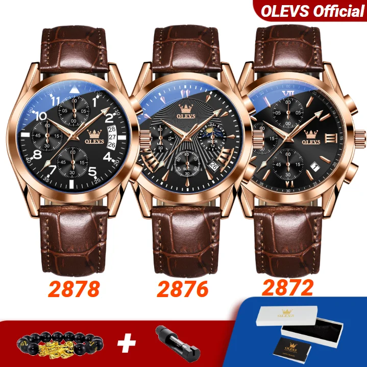 OLEVS Mens Watch Multi-functional Chronograph Original Brand Leather Strap Waterproof Business Men's Quartz Watch