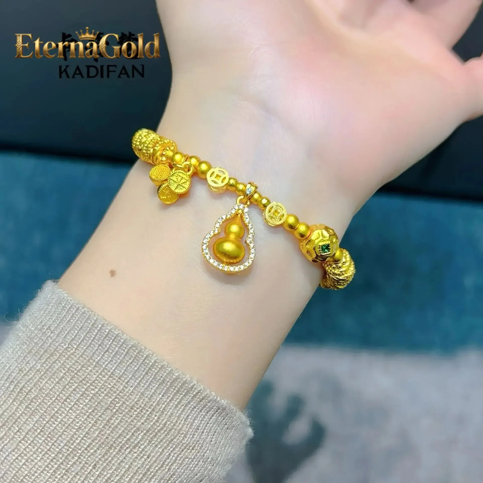 EternaGold 9999 24K real gold point drill rotating small gourd safe transport beads disk wrap bracelet women's high-end disk wra