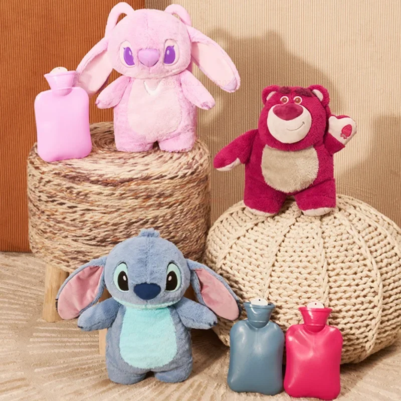 Kawaii Disney Stitch anioł Lotso pluszowa ręcznie ciepła butelka termofory zimowa przenośna ciepła torebka Anime zabawki prezenty bożonarodzeniowe