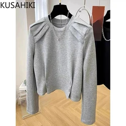 KUSAHIKI Women's Clothing 2024 New Autumn Fashion Design Pleated Long Sleeve Round Neck Hoodie Short Sweatshirt Tops