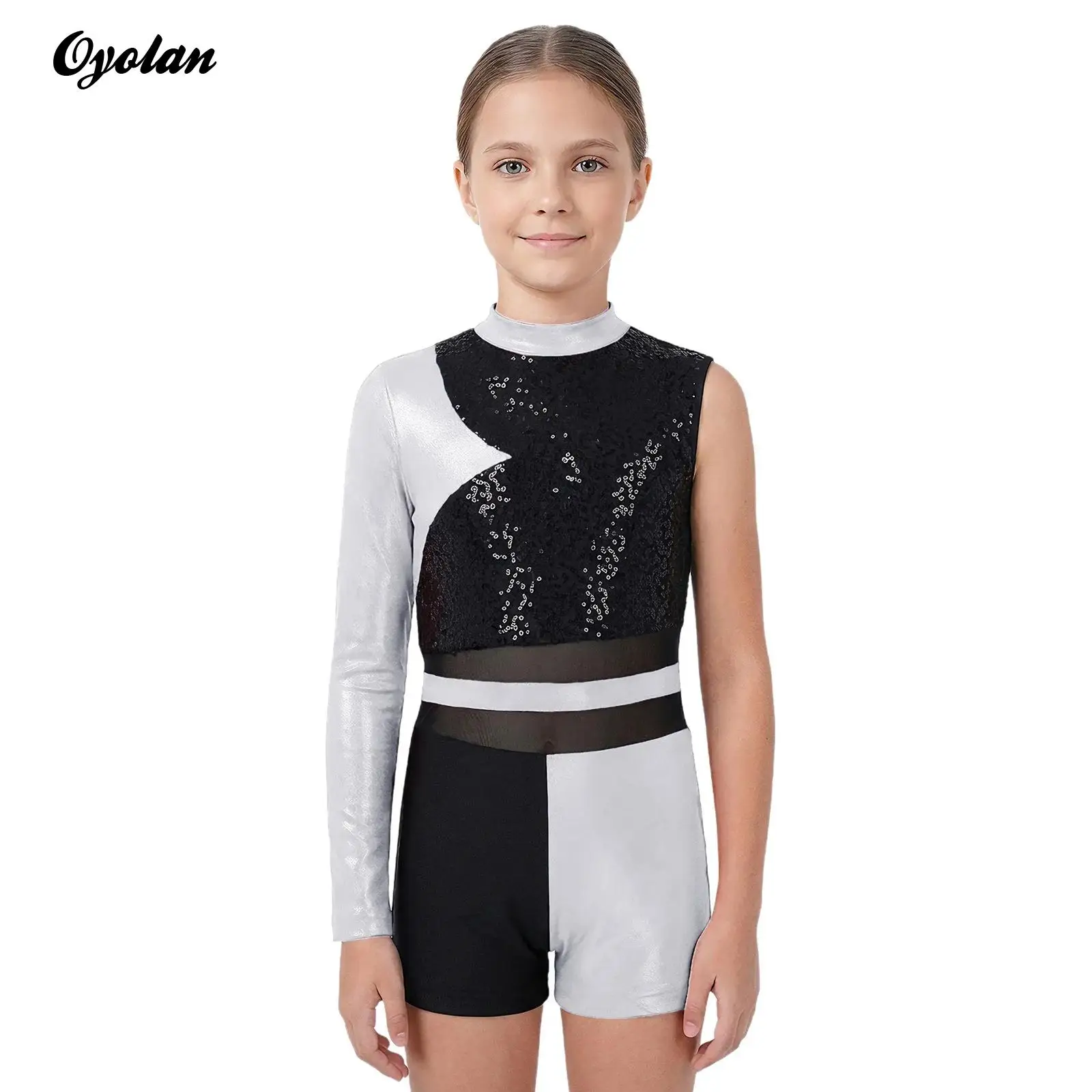 

Kids Girls Gymnastics Leotards Ballet Dance Outfits Performance Costume Cutout Back Glittery Sequins Metallic Jumpsuit Dancewear