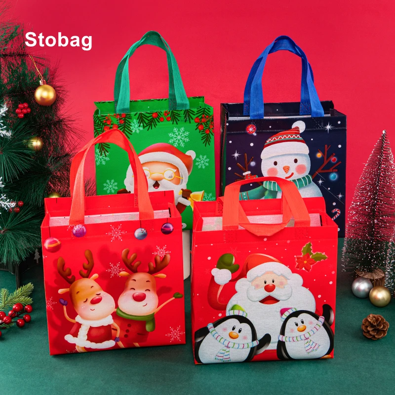 

StoBag 12pcs Marry Christmas Tote Bags Gift Package Fabric Hnadle Santa Claus Home Handmade Kids Party Favors New Year Supplies