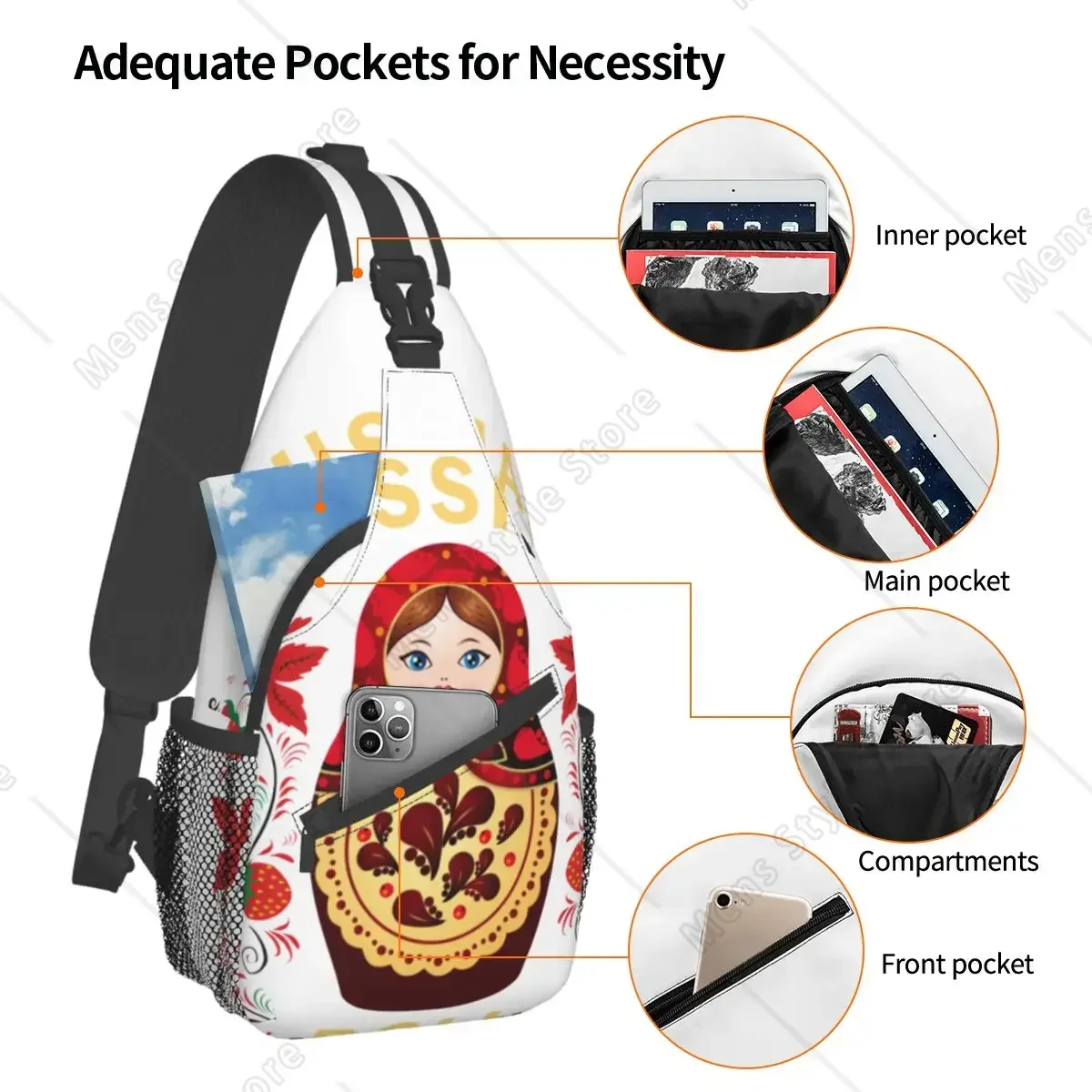 Matryoshka Doll Russian Crossbody Sling Bag Small Chest Bag Khokhloma Shoulder Backpack Daypack for Hiking Outdoor Camping Bag